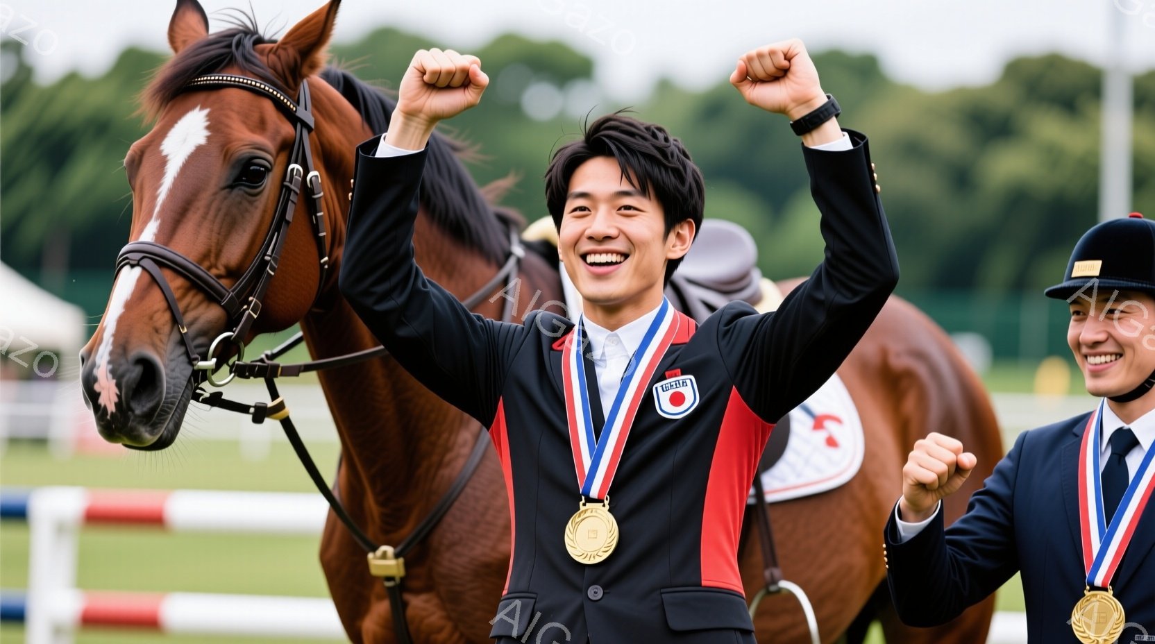 男子は黒いジャケットに赤い縁取り、白いシャツを着て、金メダルを首にかけています。彼は両手を高く上げ、満面の笑みを浮かべ、勝利を喜んでいます。背景には茶色の馬と、競技場らしきフェンスが見え、晴れた空と緑 - AI生成フリー素材