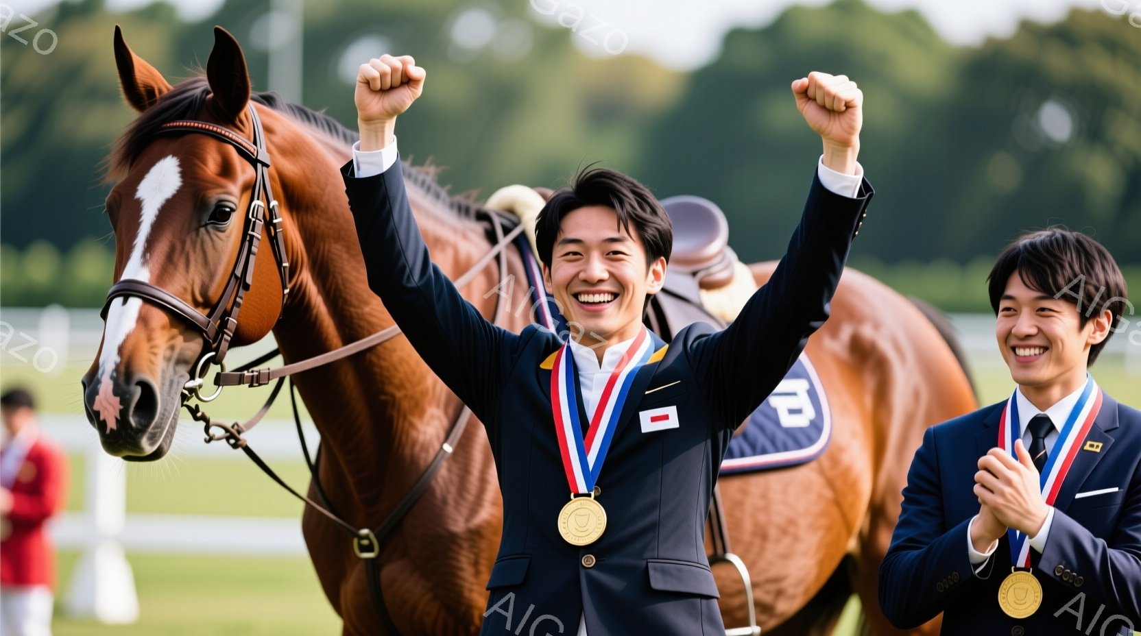 茶色の馬と、金メダルをかけて笑顔の男性二人組が写っています。男性たちは黒いジャケットに白いシャツ、赤いネクタイ、そして馬術競技を表すピンバッジをつけており、片方の男性は両手を高く上げ勝利を喜んでいます - AI生成フリー素材