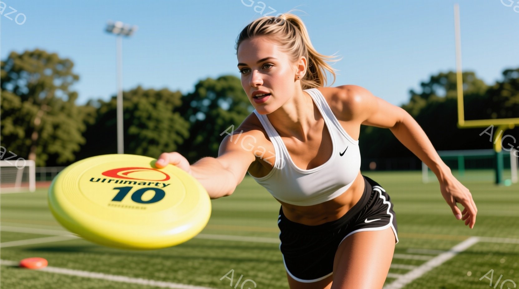 女性は緑の芝生の上で、オレンジ色のフリスビーを投げる動作をとっています。彼女は白いタンクトップと黒いショートパンツを着用し、髪は後ろでポニーテールに結ばれています。背景には、青空と緑豊かな木々が見え、 - AI生成フリー素材