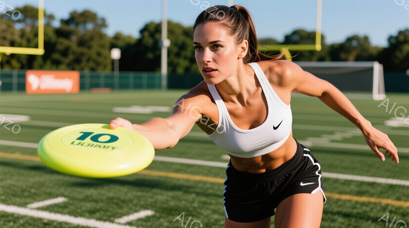 ターコイズグリーンの芝生のあるスタジアムで、女性がフリスビーを投げている様子が写っています。彼女は白いスポーツブラと黒いショートパンツを着用し、髪は高いポニーテールに結ばれています。顔には集中した表情が見られ、腕を伸ばしてフリスビーを前方へ投げ出すダイナミックなポーズをとっています。