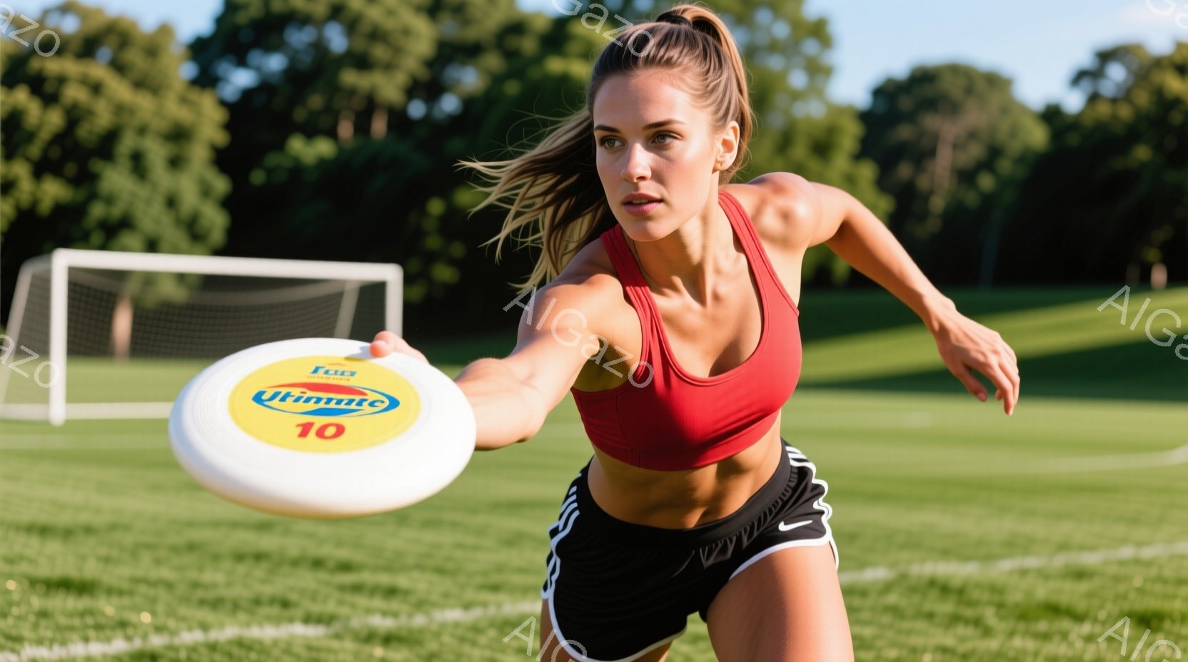 金髪をポニーテールにした女性が、芝生のフィールドでフリスビーを投げようとしています。彼女は赤いスポーツブラと黒いショートパンツを着用しており、引き締まった体つきが印象的です。背景にはサッカーゴールが見 - AI生成フリー素材
