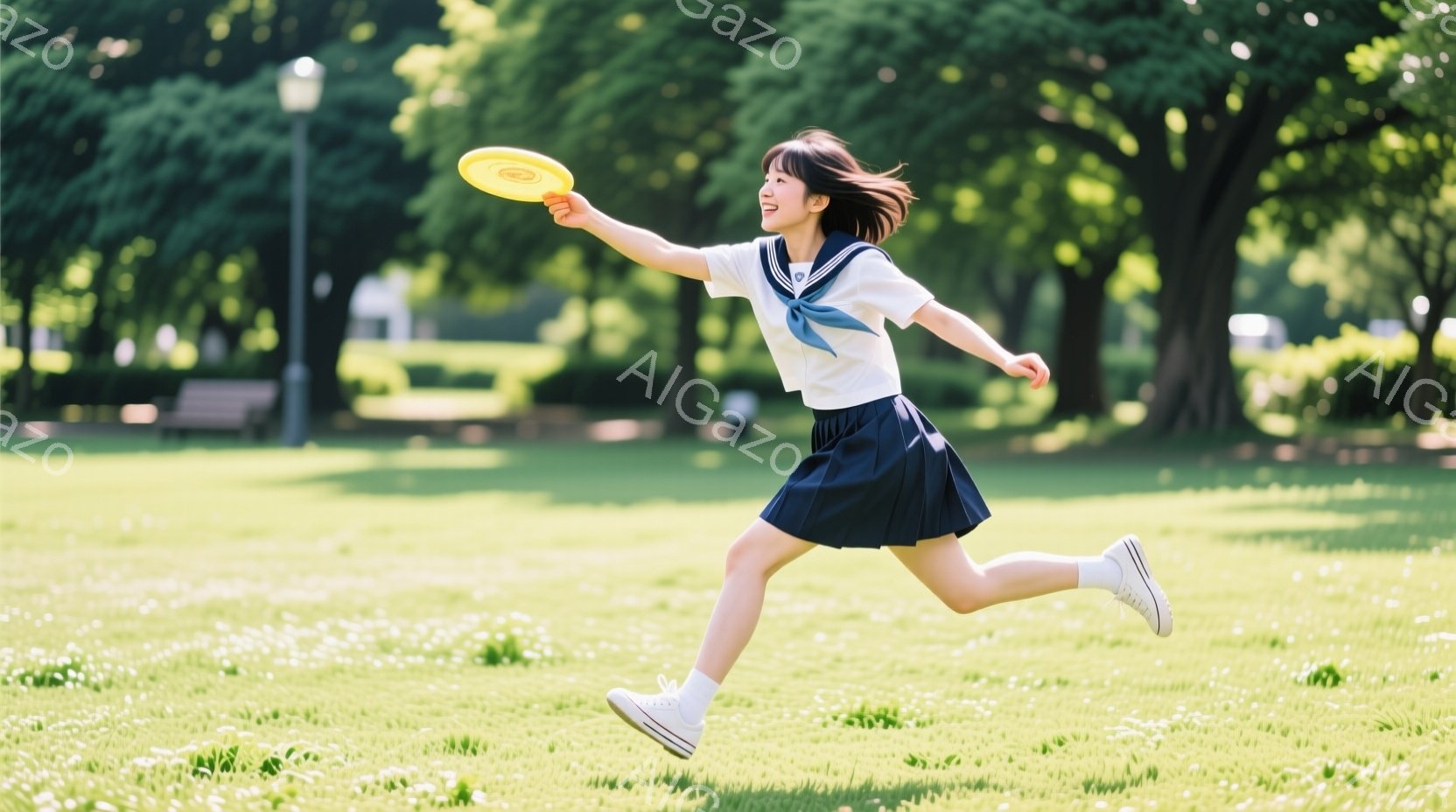 制服を着た若い女性が、緑豊かな公園でフリスビーを投げようとしています。彼女は紺色のスカートと白いブラウスを着ており、髪は肩までの長さで、動きに合わせて少し乱れています。背景には緑の芝生と木々が見え、晴 - AI生成フリー素材