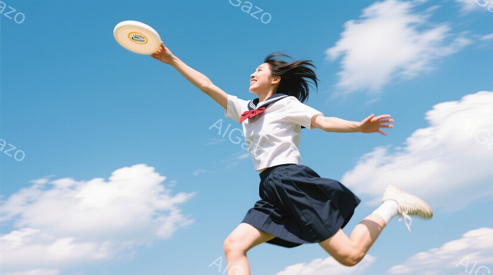 明るい青空を背景に、制服を着た女子高生が空中でディスクをキャッチしようとしている姿が描かれている。彼女は黒いスカートと白いブラウス、リボン付きのネクタイを着用し、髪は長く、動きに合わせてなびいている。躍動感あふれるポーズと晴れた空が、若々しく爽やかな雰囲気を演出している。