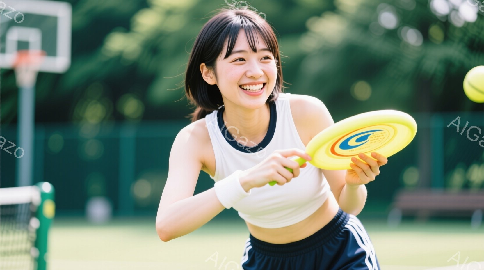 若い女性が芝生のコートでフリスビーを持っている。彼女は白いタンクトップに黒いストライプと、紺色のショーツを着用し、髪は肩までの長さで、前髪が目にかかっている。彼女は笑顔でフリスビーを前に突き出し、活気 - AI生成フリー素材