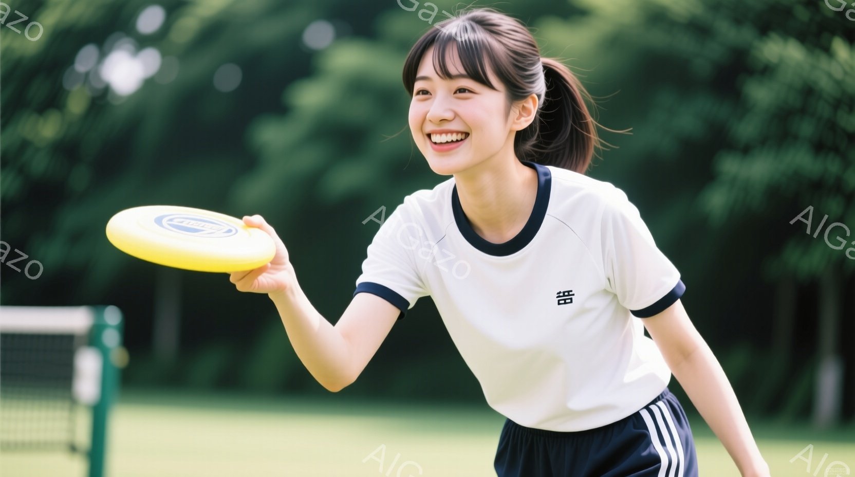 若い女性が芝生のフィールドでフリスビーを投げているところを捉えた写真です。白にネイビーのラインが入ったスポーツウェアに、ポニーテールで髪をまとめ、笑顔でフリスビーを見つめています。背景には緑豊かな木々 - AI生成フリー素材