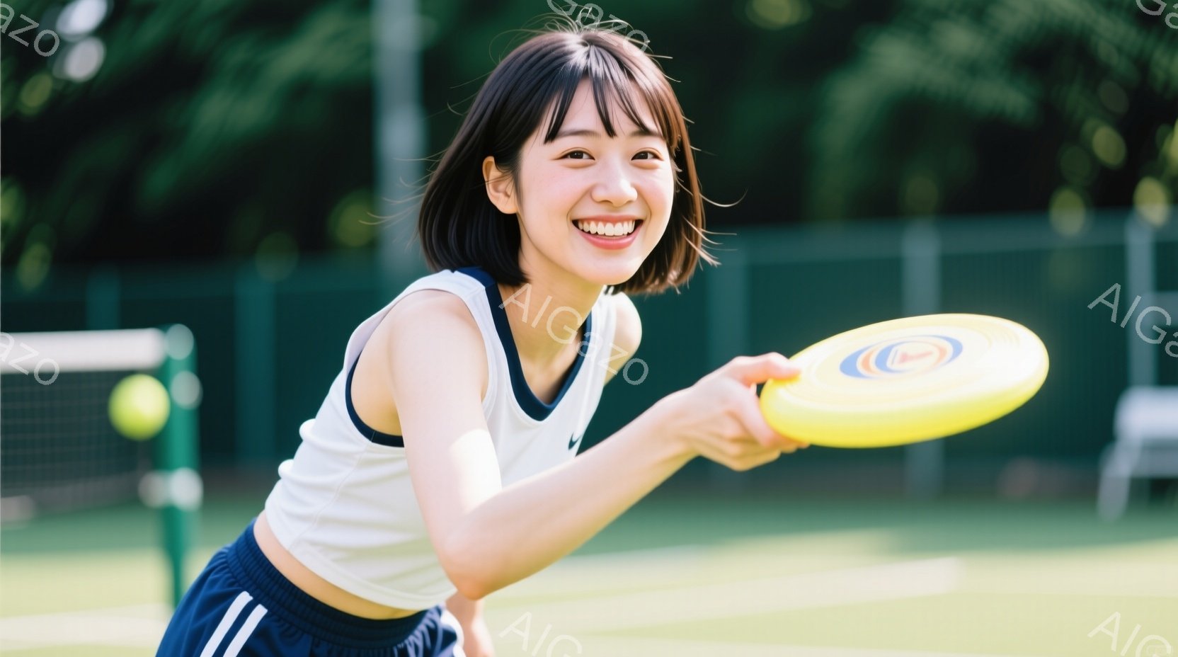 若い女性がテニスコートでフリスビーを投げようとしています。白地にネイビーの縁取りがされたタンクトップと、ネイビーのスポーツパンツを着用し、短く切り揃えられたヘアスタイルで明るい笑顔を浮かべています。背景には緑豊かなテニスコートとネット、そしてわずかに木々が見え、晴れた日のアクティブな雰囲気を伝えています。