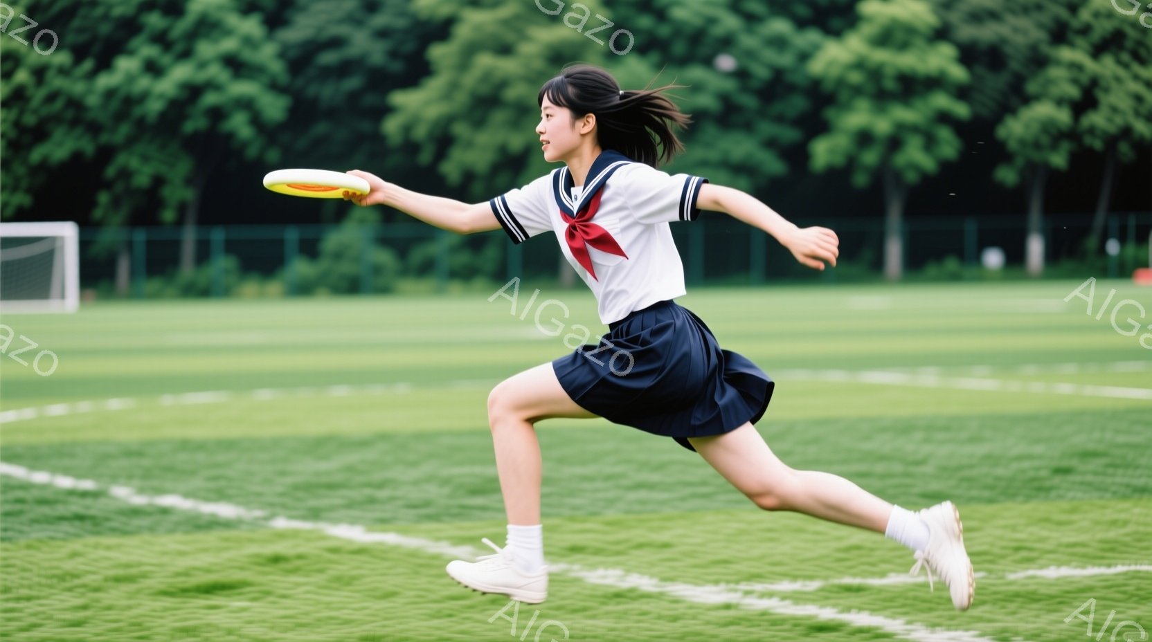 女子は紺色のスカートと白のセーラー服を着て、緑の芝生の上を走っている。彼女は右手にフリスビーを持っており、動きのあるポーズで、表情は真剣で集中しているように見える。背景には緑豊かな木々とサッカーコートのような白い線が入った芝生が広がり、晴れた日の屋外で活動的な様子が伝わってくる。