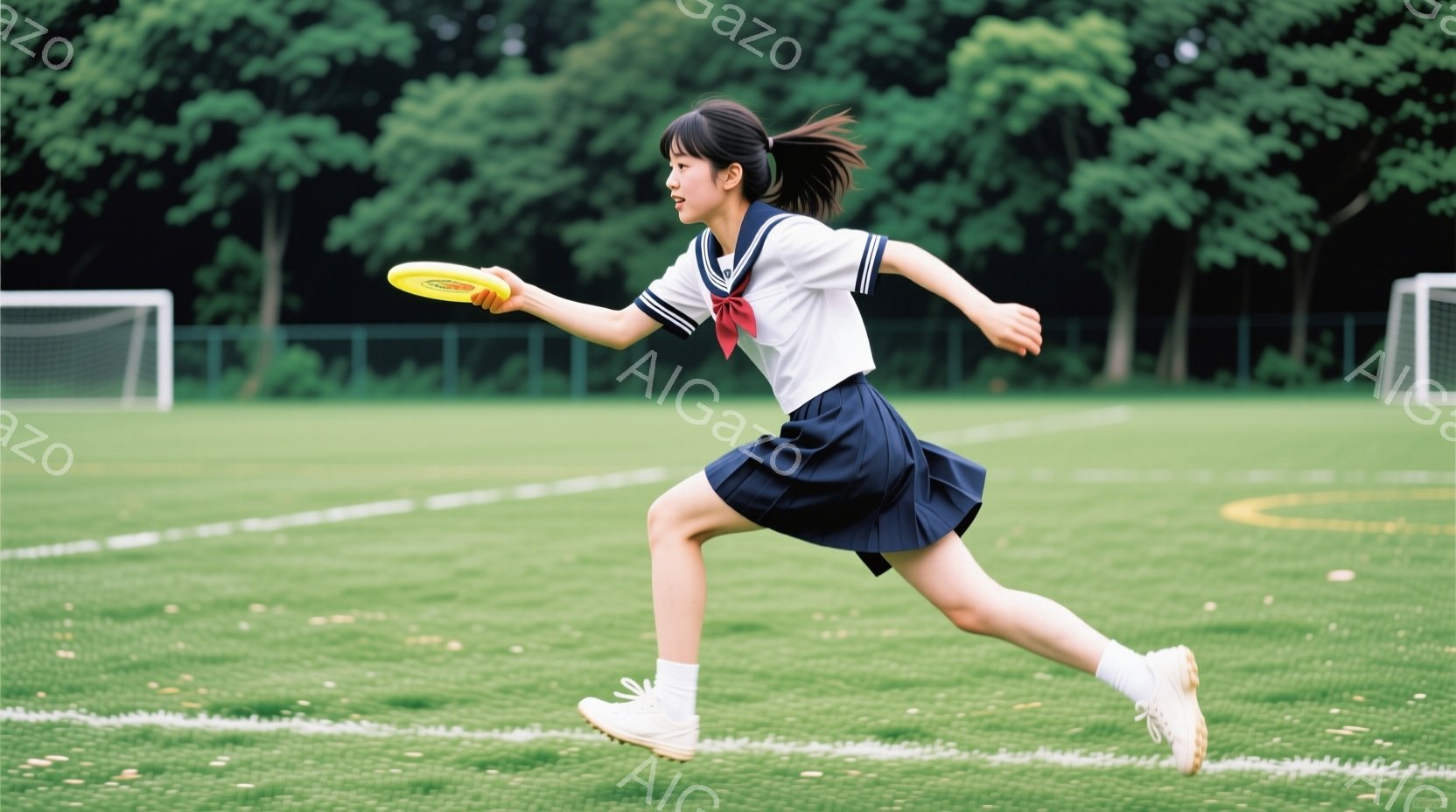 制服姿の女子高生が、緑の芝生の上を走りながらフリスビーを投げている様子が写っている。彼女は紺色のリボンとブレザー、プリーツスカートを身につけ、髪をポニーテールにしている。背景には緑豊かな木々と青空が広がり、晴れた日の活気ある雰囲気を伝えている。