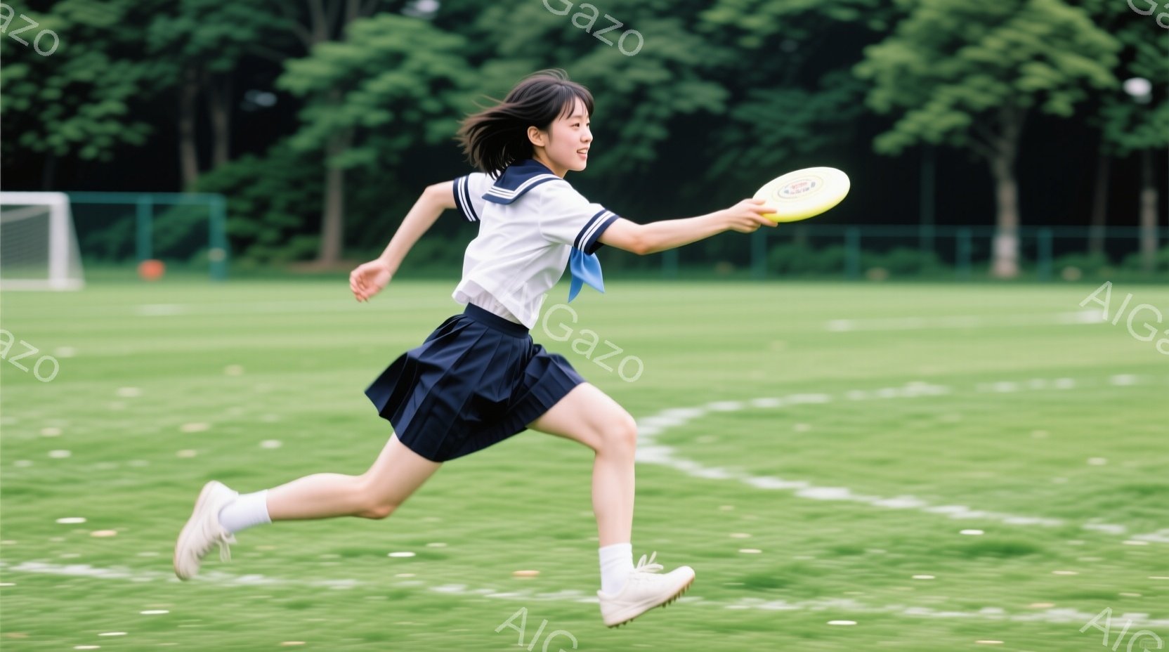 制服姿の若い女性が、緑の芝生の上を走りながらフリスビーを投げています。紺色のスカートと白いブラウス、そして赤いリボンが印象的で、笑顔を浮かべた表情からは楽しげな雰囲気が伝わってきます。背景には緑豊かな - AI生成フリー素材