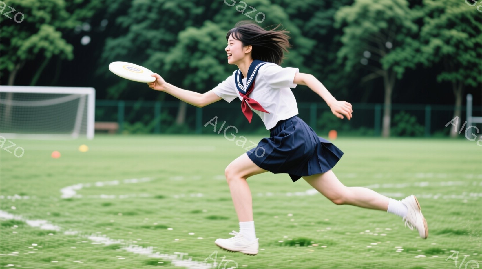 緑豊かな芝生の上を、紺色のスカートと白いブラウスの制服を着た女子高生が駆けている。彼女はフリスビーを投げようとする姿勢で、表情は楽しげで、髪は走る風になびいている。背景にはサッカーゴールが見え、晴天の下、活気のある屋外の雰囲気が伝わってくる。