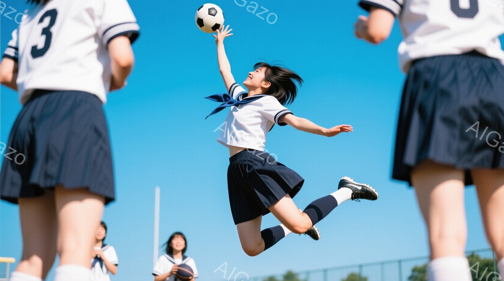 制服姿の女子高生が、サッカーボールを高く蹴り上げる瞬間を捉えた写真です。彼女は紺色のスカートと白いブラウス姿で、空中で体を大きく広げ、左足を大きく上げてボールに触れています。背景には青空と緑の芝生が広 - AI生成フリー素材