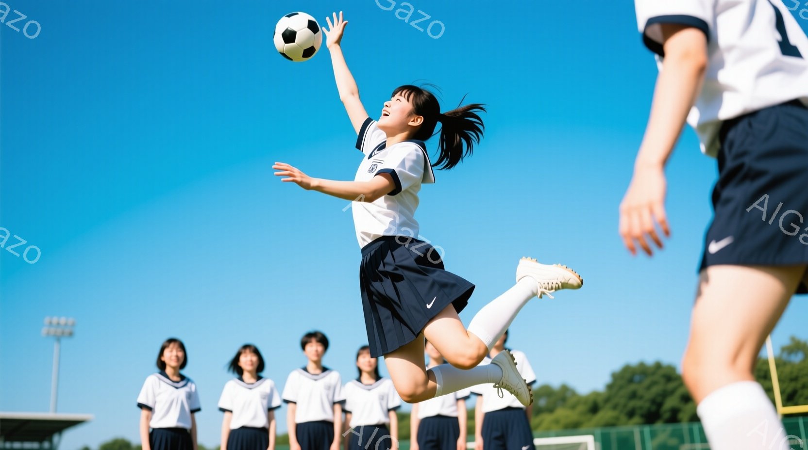 空の下、紺色のスカートと白い半袖シャツを着た女子高生が、サッカーボールを頭で蹴り上げる瞬間を捉えた写真です。彼女は髪をポニーテールにし、笑顔でジャンプしており、躍動感に満ちています。背景には緑豊かな芝 - AI生成フリー素材