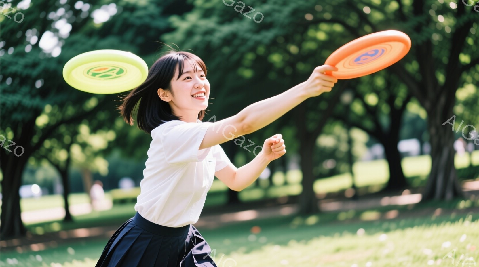 若い女性が緑豊かな公園でフリスビーを投げているところです。白いTシャツとプリーツスカートを身に着け、髪を耳にかけるようにまとめ、笑顔でフリスビーを構えています。背景には木々が生い茂り、晴れた日の穏やか - AI生成フリー素材