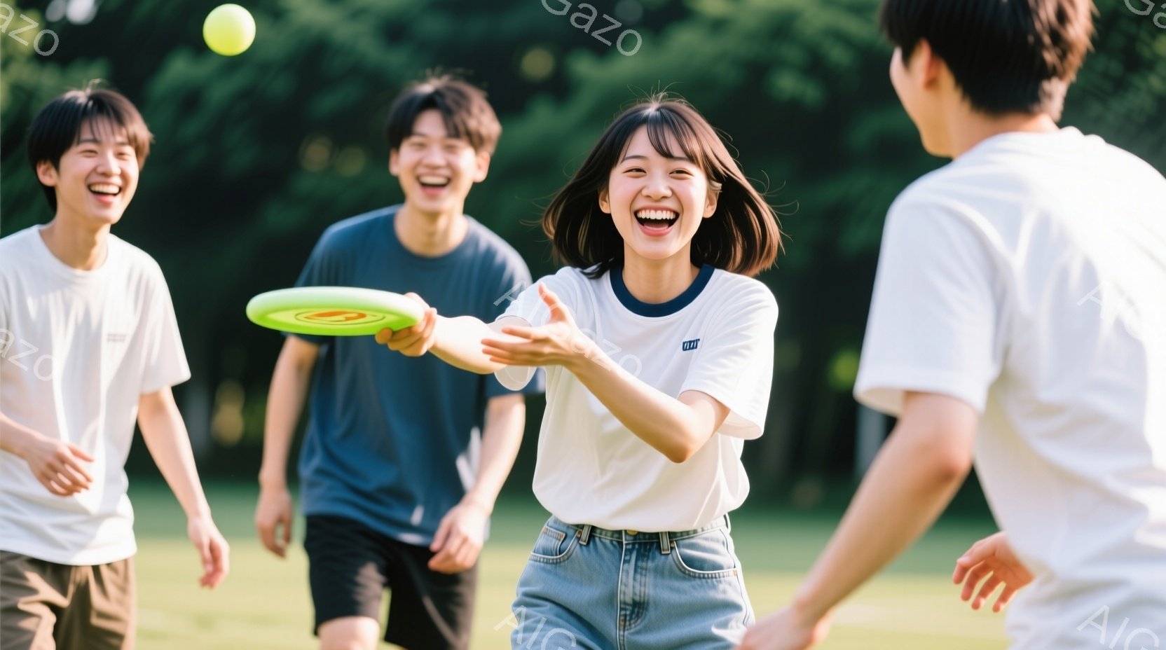 若い男女が芝生の公園でフリスビーを楽しんでいる様子が写っている。女性は短い茶色の髪で、白いシャツとジーンズを着て笑顔でフリスビーを投げている。背景には緑豊かな木々が見え、晴れた日の明るい光が差し込んで - AI生成フリー素材