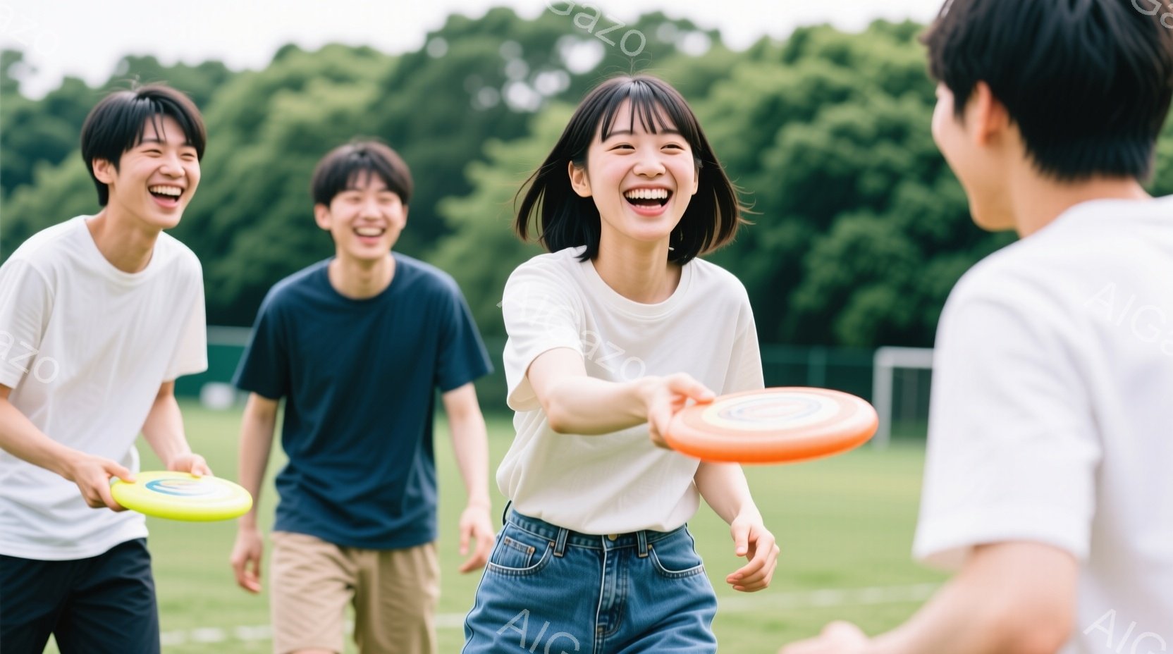 若者たちが芝生の公園でフリスビーを楽しんでいる様子が写っている。一人の女性は笑顔でフリスビーを投げ、他の二人の男性も同じように笑顔でフリスビーを持っている。背景には緑豊かな木々と、ぼやけた建物が見え、 - AI生成フリー素材
