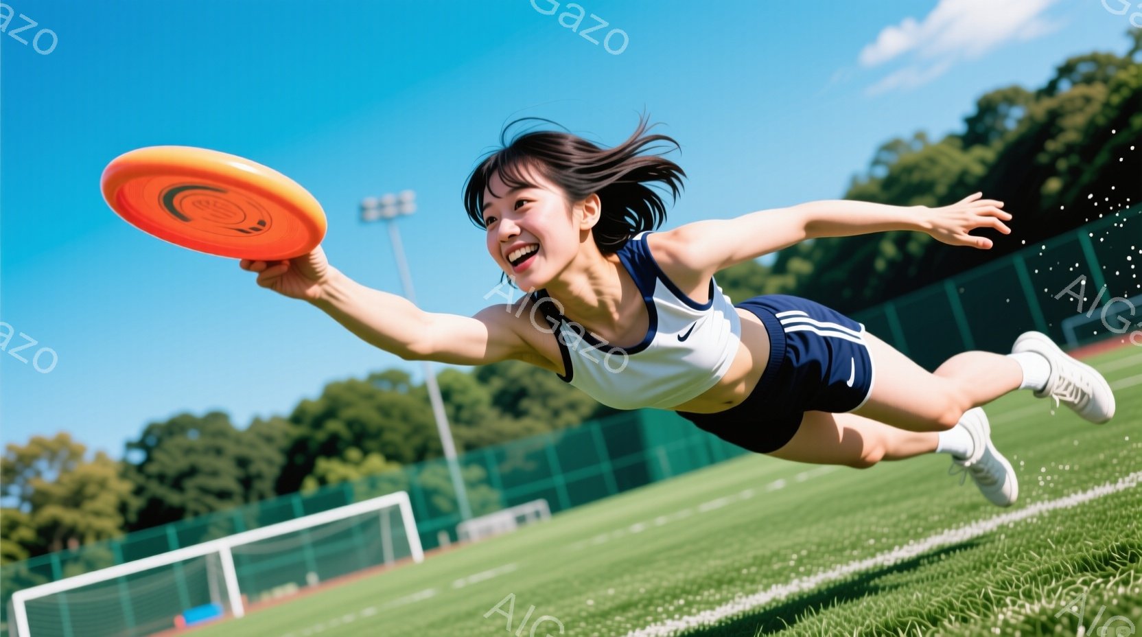 空中でディスクキャッチをする女性が写っています。白いタンクトップと紺色のショートパンツを身につけ、髪はポニーテールにしています。彼女は満面の笑みを浮かべ、緑豊かな芝生の上を、ディスクをキャッチしようと - AI生成フリー素材