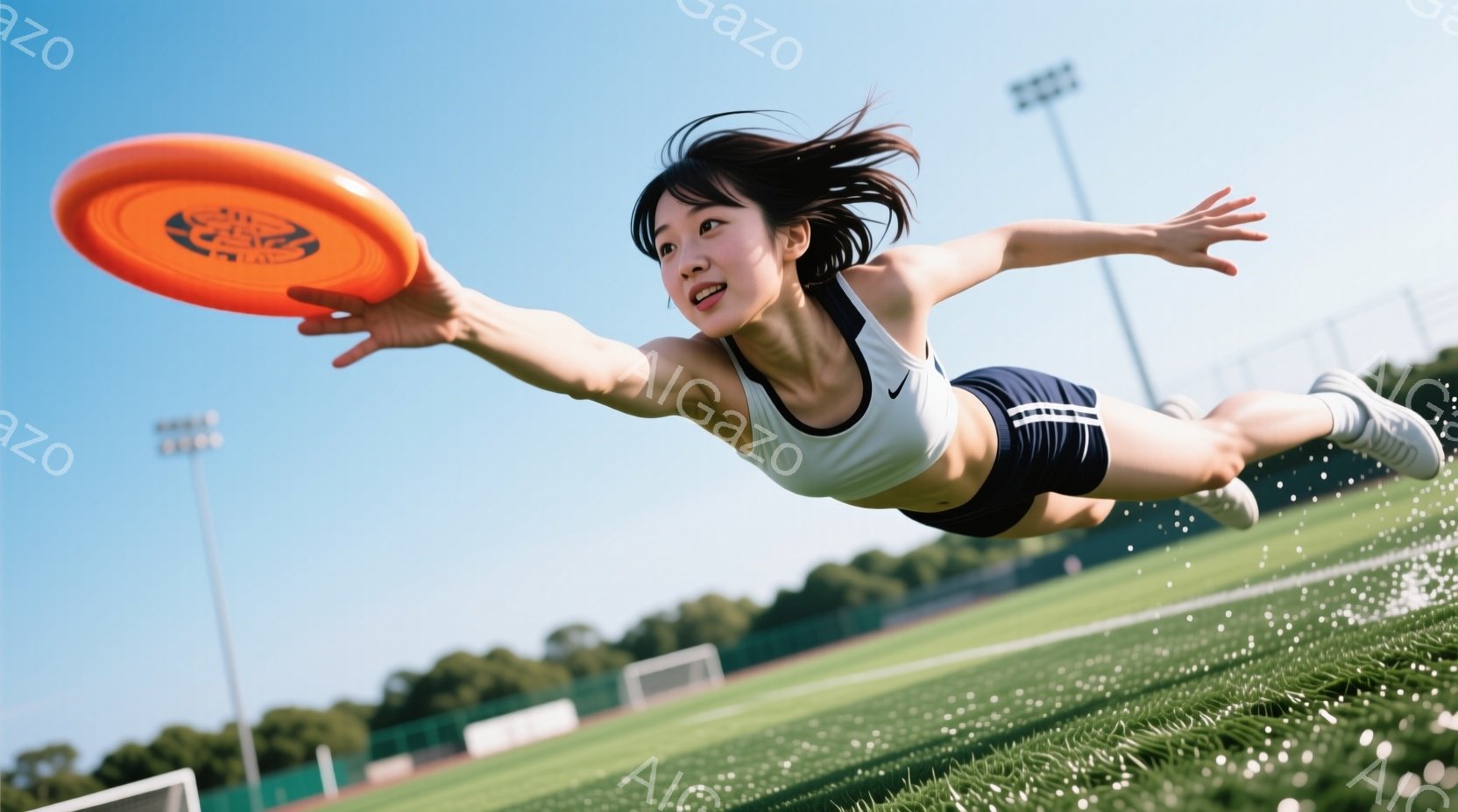 鮮やかな緑の芝生の上を、女性が空中でディスクキャッチをする様子が捉えられています。白いタンクトップに黒いショートパンツ、そしてポニーテールにした女性は、ディスクに向かって片手を伸ばし、顔は真剣な表情で、躍動感に満ちています。背景には青空と緑豊かな木々が見え、日差しがまぶしい晴れた日のアクティブなシーンを表現しています。