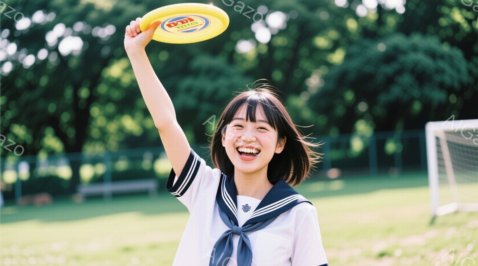 短い茶色の髪に前髪を合わせた女性が、青い制服を着て笑顔でフリスビーを高く掲げています。背景には緑の芝生と木々が見え、晴れた日の屋外で運動している様子が伺えます。全体的に明るく、若々しい活気に満ちた雰囲 - AI生成フリー素材