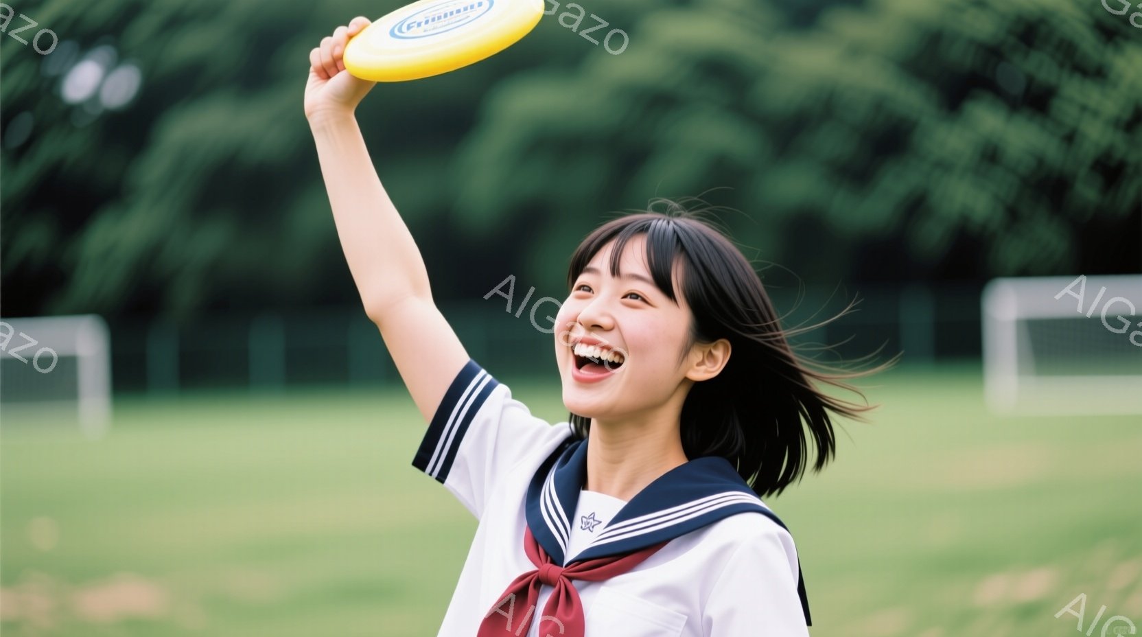 明るい笑顔を浮かべた女子学生が、青いフリスビーを高く掲げています。紺色のセーラー服に赤いネクタイを締め、風になびく髪は軽やかな印象を与えます。背景には緑豊かな芝生と白い構造物が見え、晴天の下、活気に満 - AI生成フリー素材
