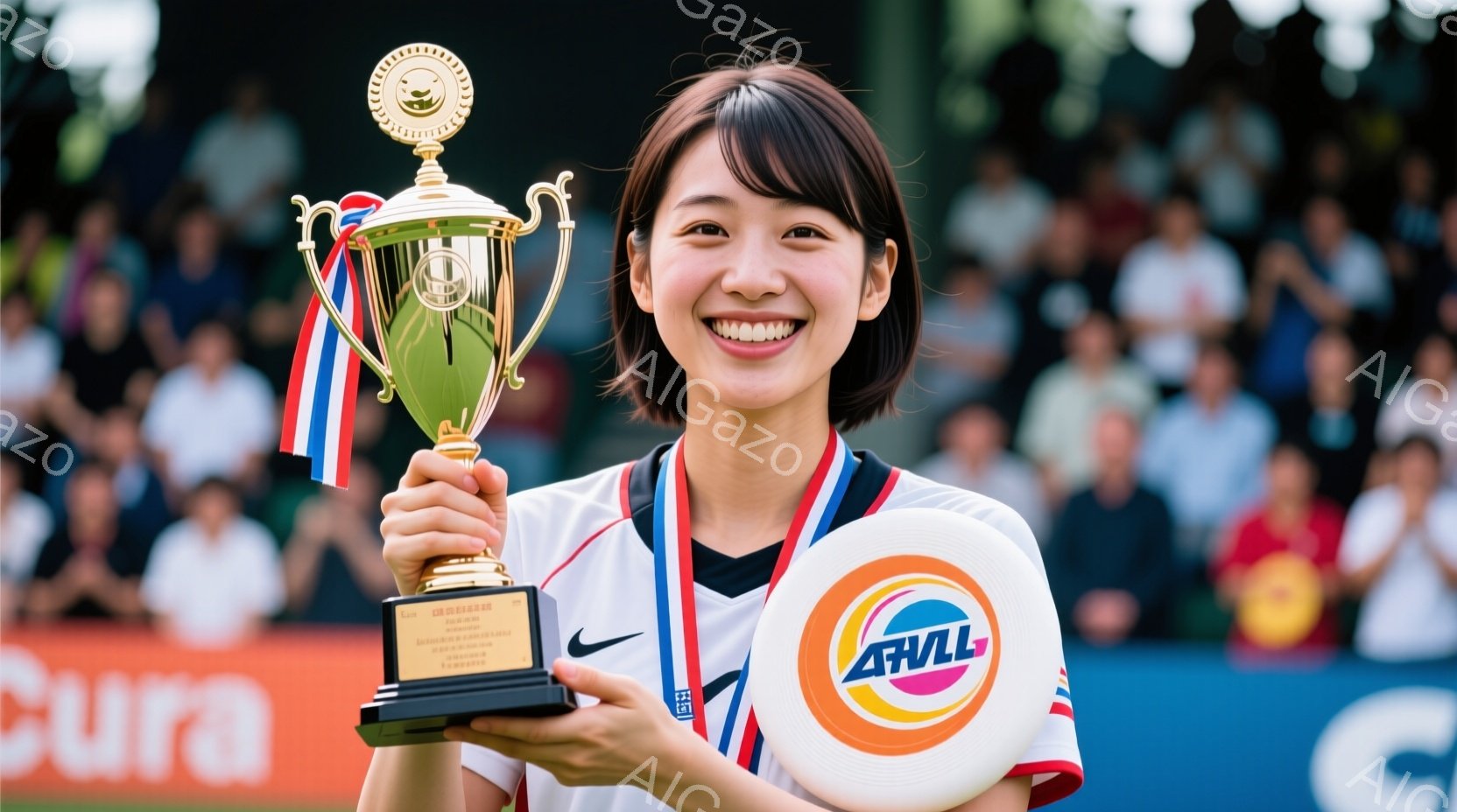 笑顔の女性が、金色のトロフィーを高く掲げています。彼女は白地に赤と青のストライプが入ったサッカーユニフォームに、シルバーのネックレスを身に着け、髪を後ろで一つにまとめています。背景には観客席とぼやけた - AI生成フリー素材