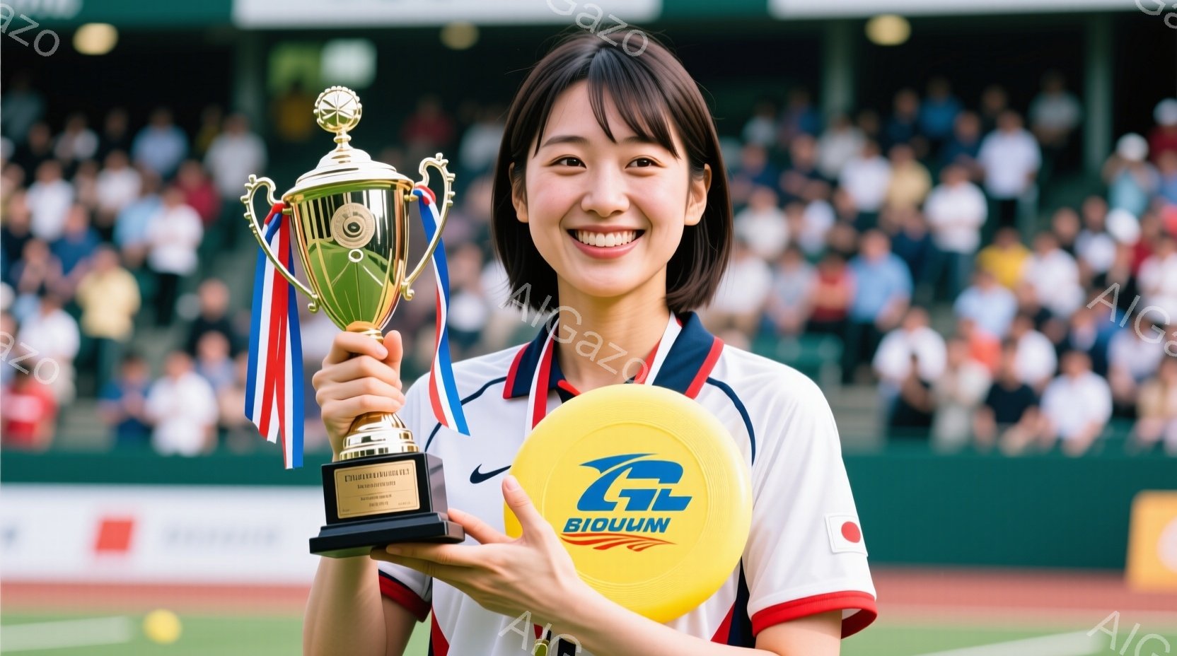 若い女性が笑顔でトロフィーとフリスビーを持っている。彼女は白い襟と袖の青いポロシャツを着ており、髪は後ろでポニーテールに結ばれている。背景には観客席と緑の芝生が見え、晴天の下、競技会の勝利を祝う雰囲気 - AI生成フリー素材