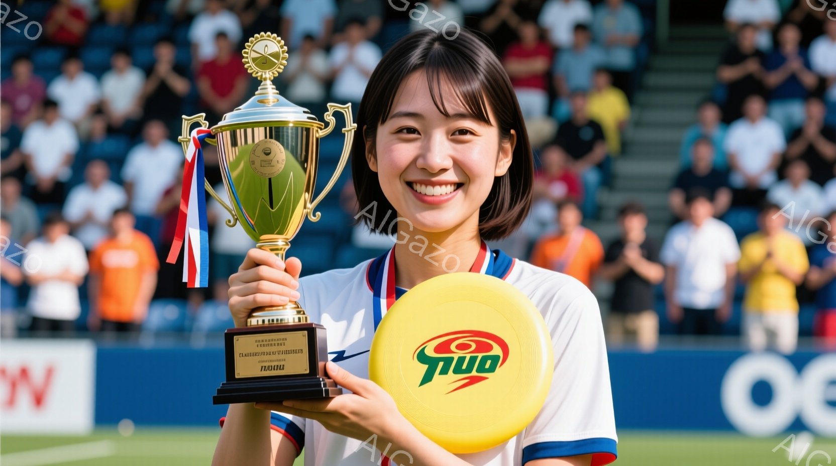 白いTシャツを着た若い女性が、金色のトロフィーと赤いフリスビーを持って微笑んでいます。彼女は長い黒髪で、明るい表情を浮かべており、勝利の喜びを表現しています。背景には観客席と広告が見え、晴れた日の屋外 - AI生成フリー素材