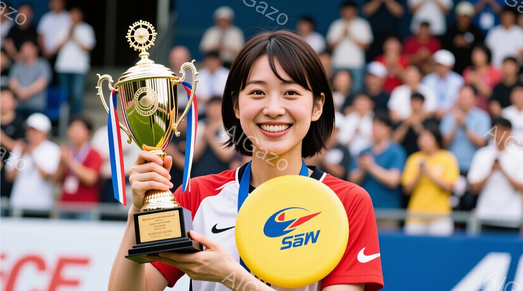 若い女性がトロフィーとフリスビーを持って笑顔で立っている。彼女は白いシャツに赤いラインが入ったスポーツウェアを着ており、髪は後ろでポニーテールにまとめられている。背景には観客席とぼやけた観客、そして晴天の下、屋外競技場の雰囲気が感じられる。