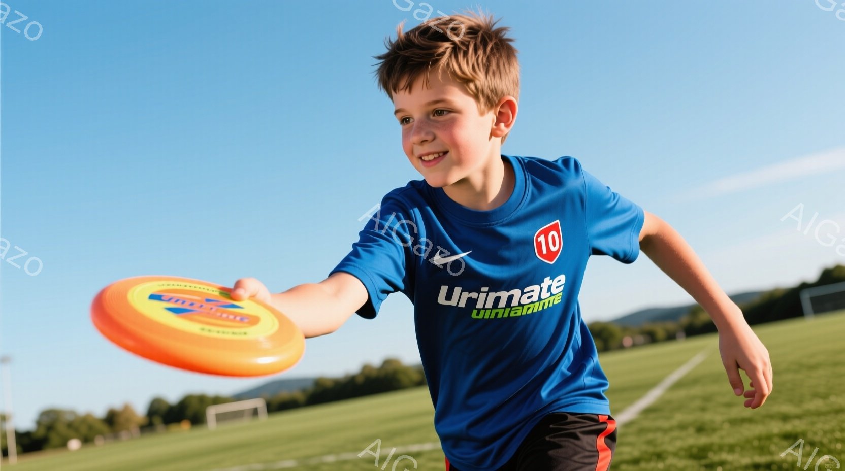 青いサッカーシャツと黒いショートパンツを着た少年が、オレンジ色のフリスビーを投げようとしている。彼は明るい笑顔で、少し前かがみの姿勢で、フリスビーに集中している。背景は緑豊かな芝生とサッカーゴール、そ - AI生成フリー素材