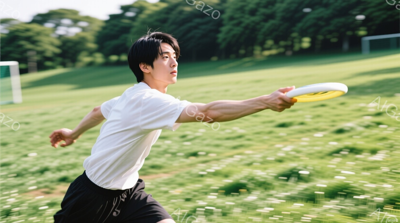 若い男性が芝生のフィールドでフリスビーを投げている様子が写っている。彼は白いTシャツと黒い短パンを着用し、黒髪を短く整えている。背景には緑豊かな木々と青空が広がり、晴れた日の屋外での活動を捉えている。 - AI生成フリー素材