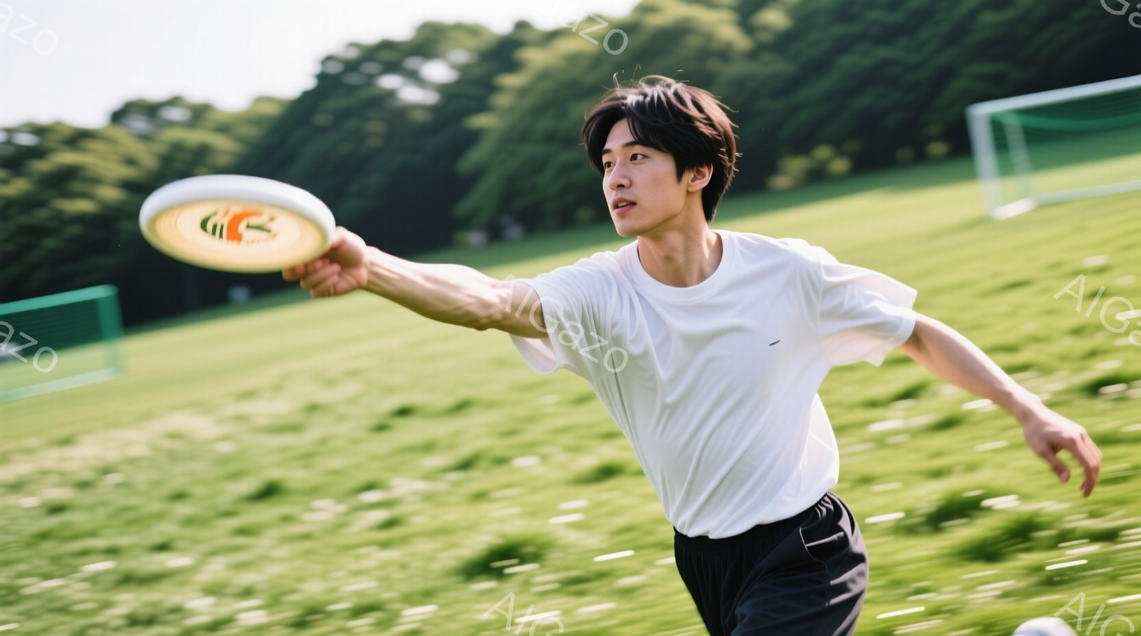 若い男性が芝生のフィールドでフリスビーを投げている様子が写っている。彼は白いTシャツと黒いパンツを着用し、短くダークブラウンの髪をしている。背景には緑豊かな木々とサッカーゴールが見え、晴れた日の活動的 - AI生成フリー素材