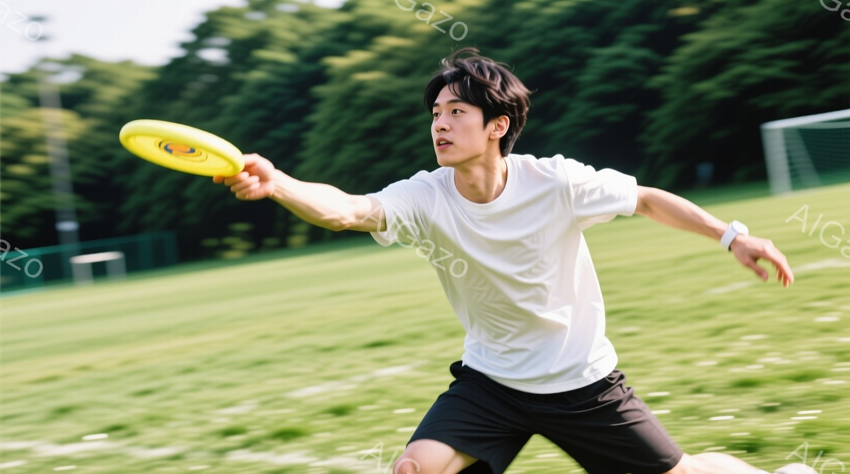 若い男性が緑色の芝生の上でフリスビーを投げている様子が写っている。彼は白いTシャツと黒い短パンを着用し、少し長めの黒髪を耳にかけるようにしている。背景には緑豊かな木々が見え、晴れた日の屋外で運動を楽し - AI生成フリー素材