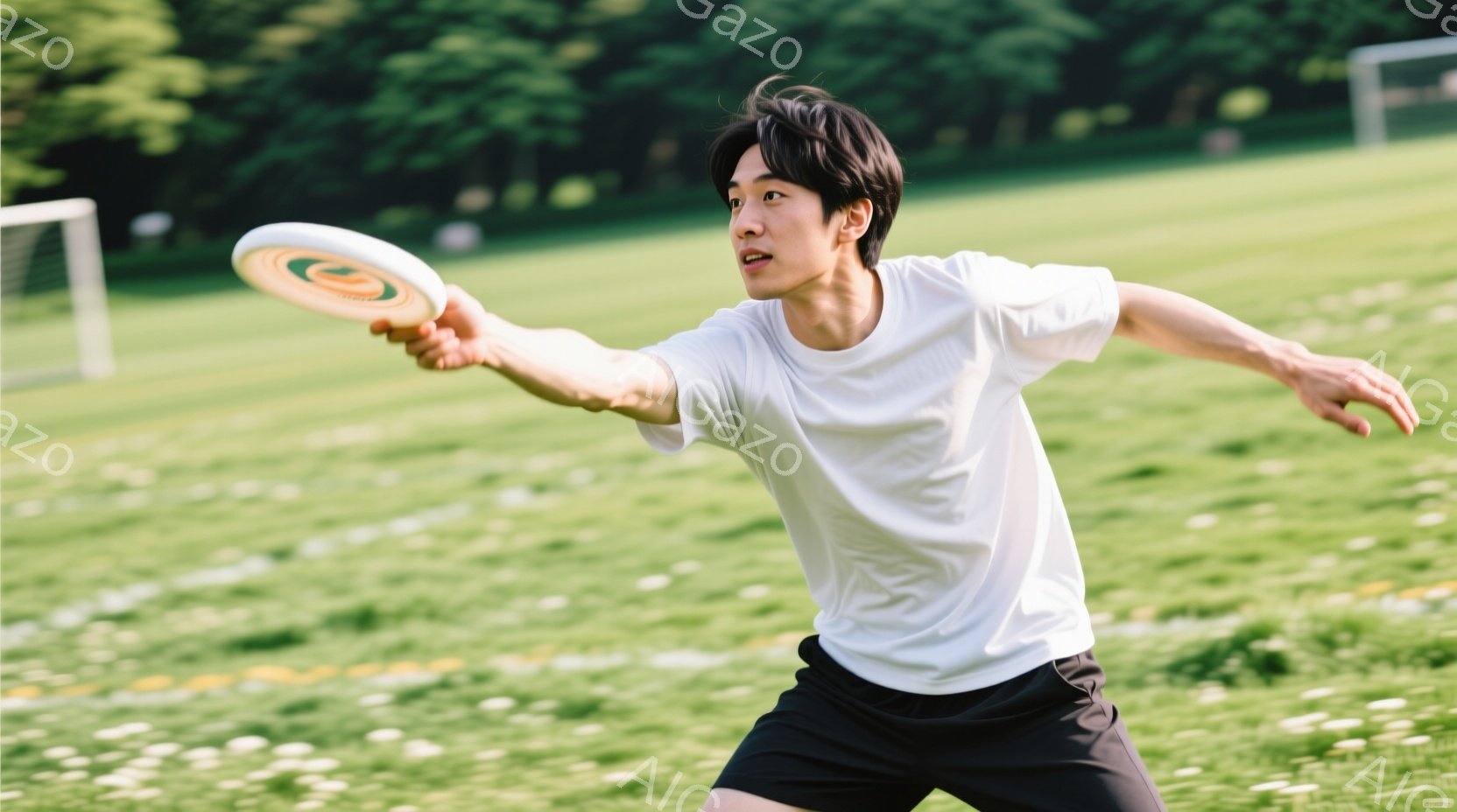 若い男性が芝生の公園でフリスビーを投げている様子が写っている。彼は白いTシャツと黒いショーツ姿で、髪は短く、少し無造作にセットされている。背景には緑豊かな木々や芝生、そしてサッカーゴールの一部が見え、 - AI生成フリー素材