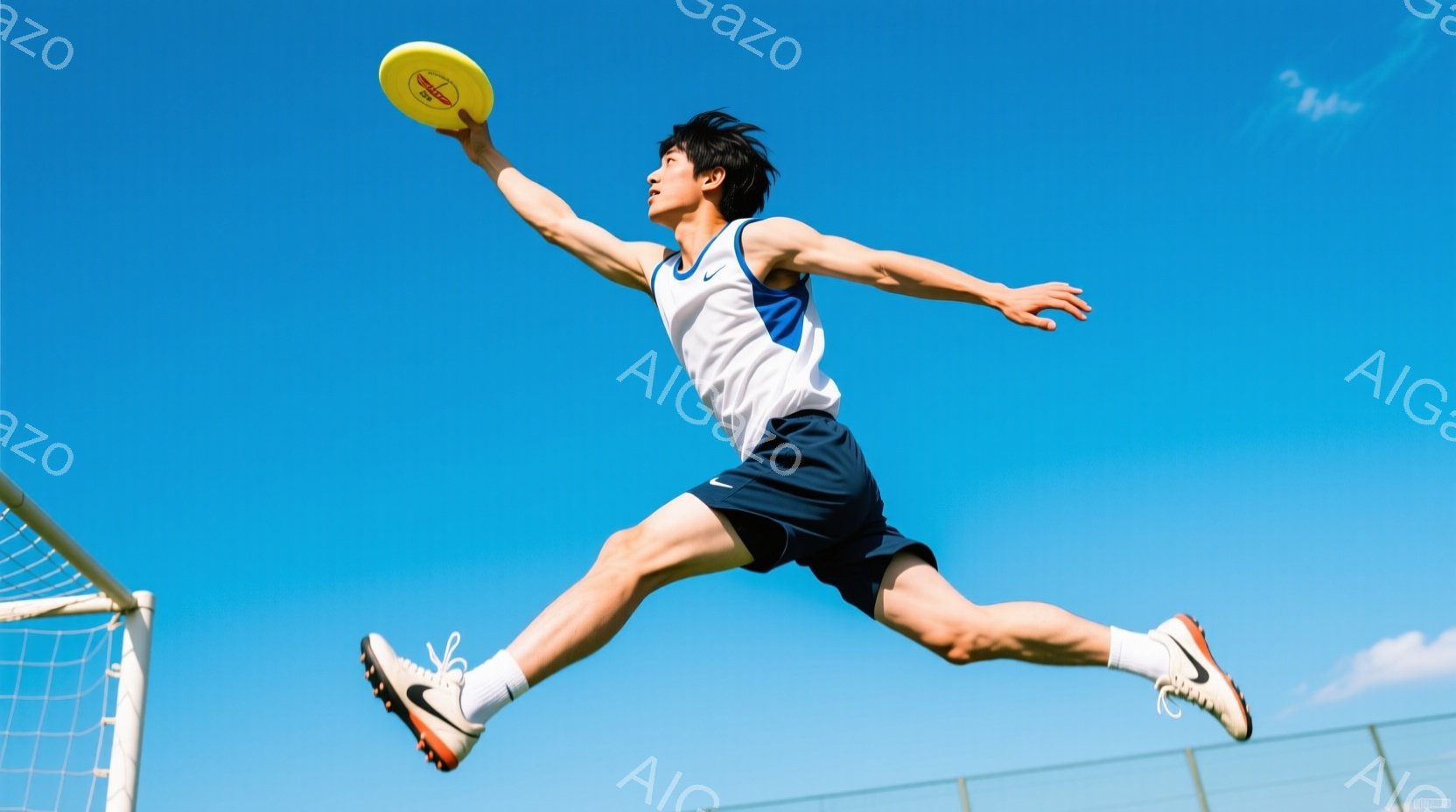 空中でディスクをキャッチしようとする男性の躍動的な瞬間を捉えた写真です。彼は白いタンクトップと紺色のショートパンツを着用し、黒髪を短く整えています。背景は晴天の青空で、芝生と白いネットの一部が見え、躍動感と爽やかな雰囲気が漂います。