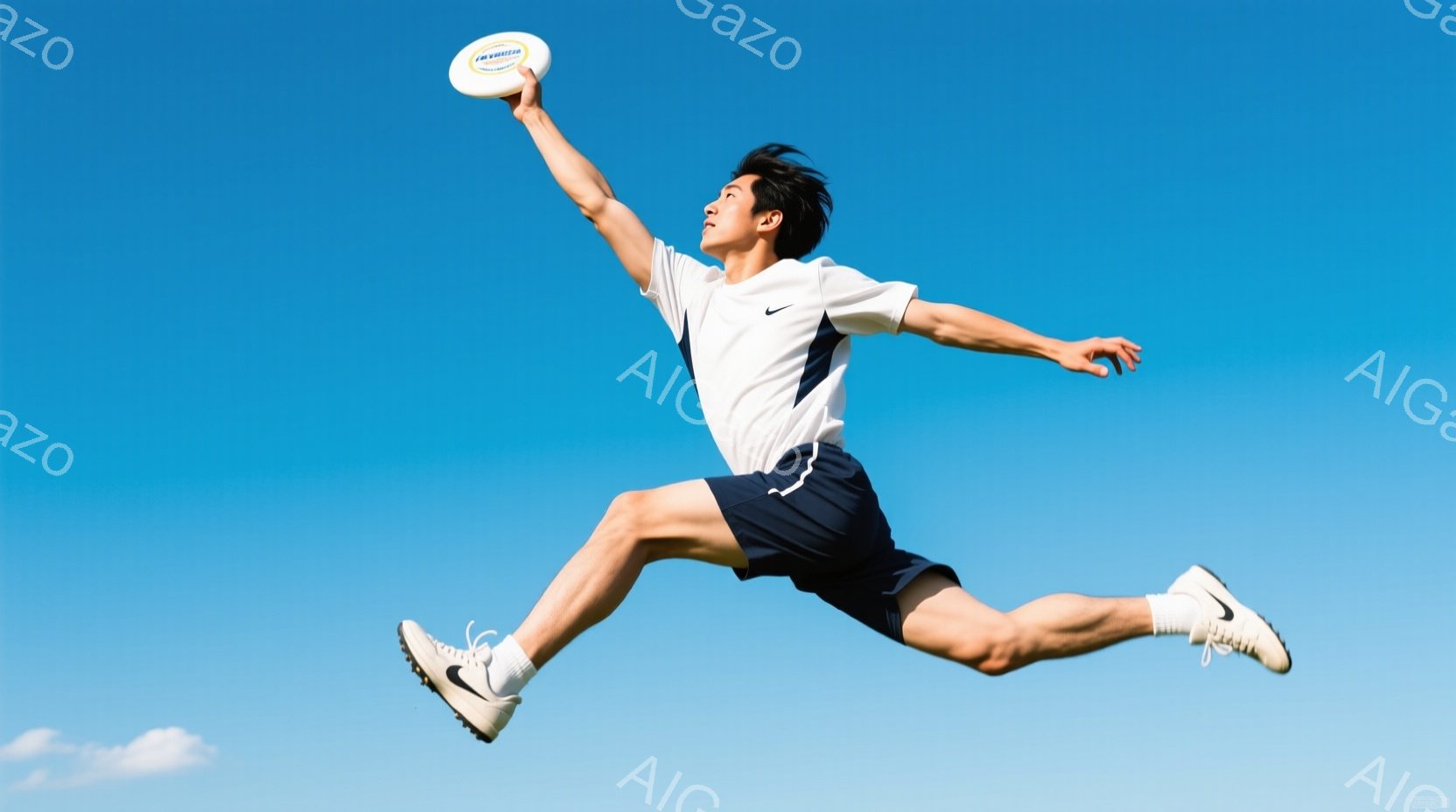 空を背景に、白のTシャツと紺色の短パンを着用した男性が、ディスクを投げる瞬間を捉えた躍動感あふれる写真です。彼は高くジャンプし、片手を高く伸ばしてディスクに力を込めています。背景は晴れた青空で、全体的 - AI生成フリー素材