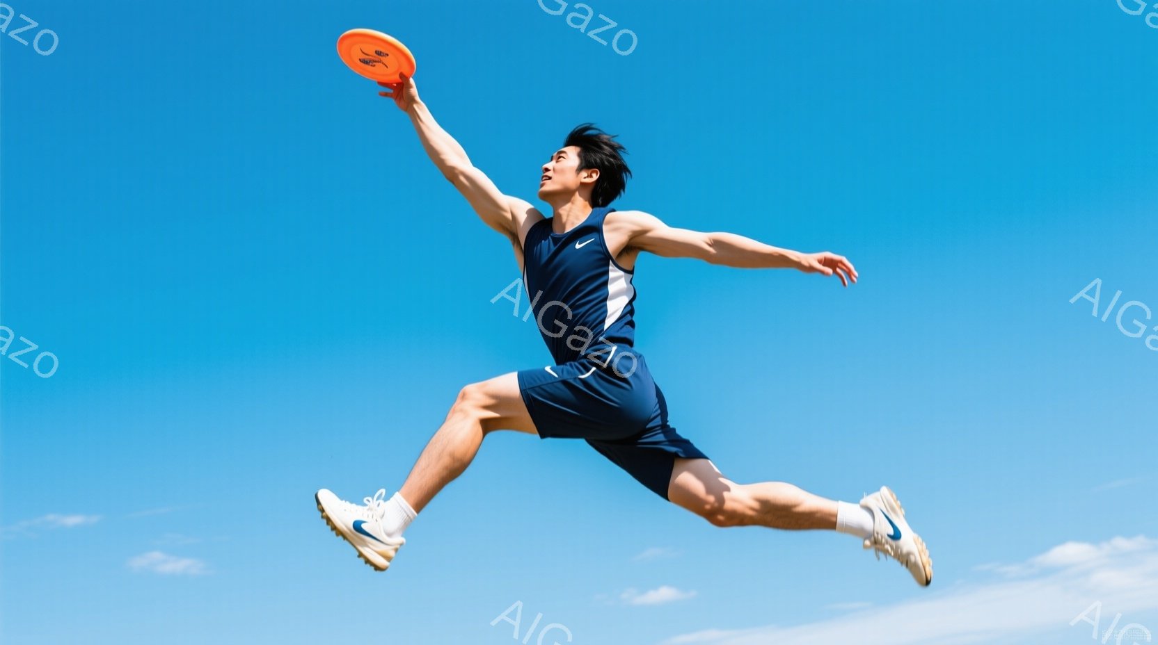 空を背景に、紺色のタンクトップと短パンを着た男性がディスクを投げている途中の躍動的な瞬間を捉えた写真です。彼は右足を大きく踏み出し、体をひねってディスクを遠くに投げようとしており、その表情は真剣そのものです。空は晴れ渡り、わずかに雲が見え、背景は青一色で、彼の運動能力と夏の日の爽やかさを強調しています。