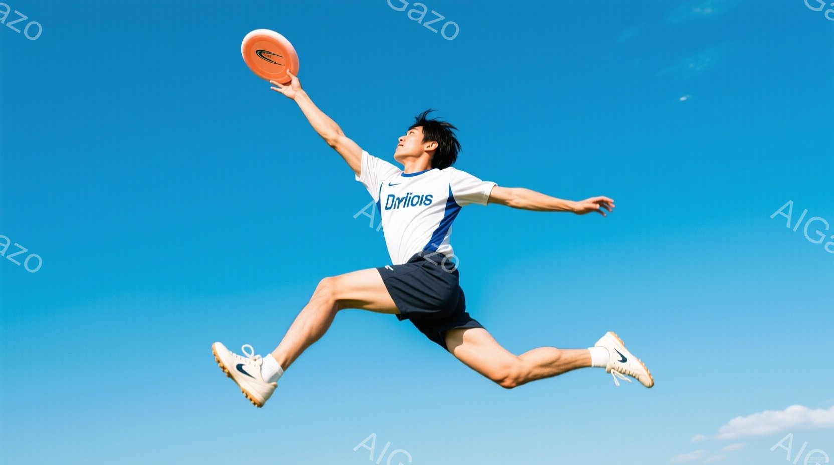 空を背景に、白のTシャツと紺色の短パンを着用した男性が、空中でのジャンプアクションを見せています。彼は片手に円盤（フリスビーのようなもの）を持っており、その勢いからスポーツを楽しんでいる様子が伺えます。背景は晴天の青空で、白い雲が少し見え、全体的に躍動感と爽やかな雰囲気が漂っています。