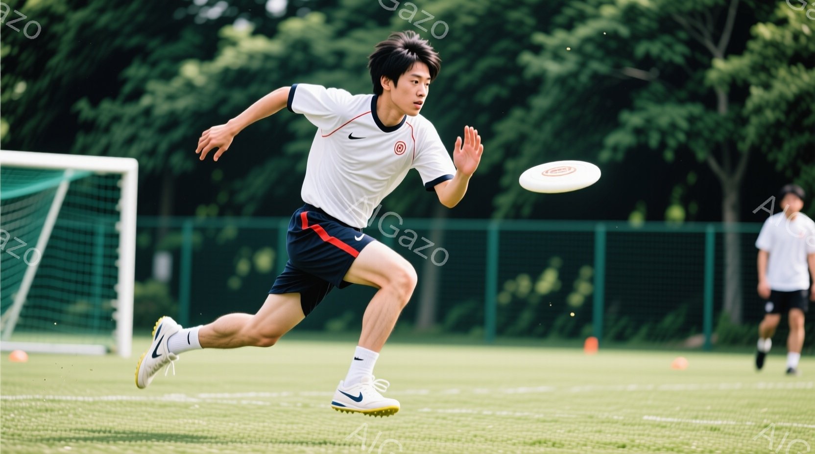 少年は緑の芝生の上を走り、フリスビーを追いかけている。白いシャツに濃い青色のショーツ姿で、髪は短く整えられ、集中した表情で前を見ている。背景には緑のフェンスと他の少年がおり、晴れた日の屋外での活動の様 - AI生成フリー素材