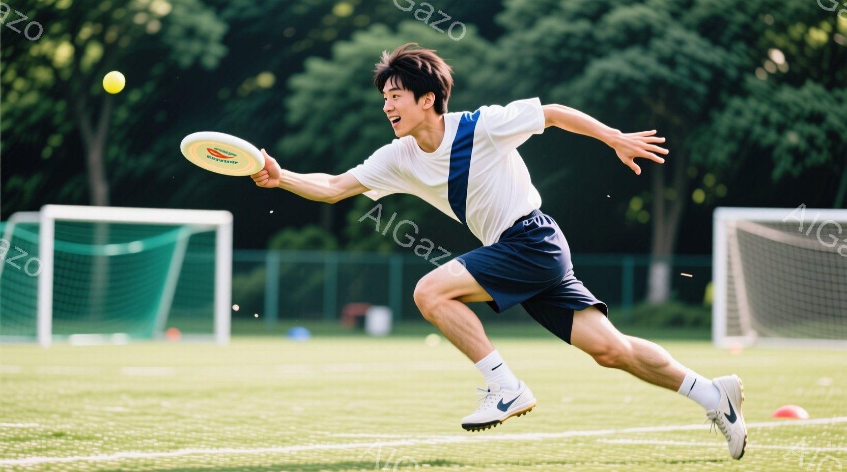 若い男性が緑の芝生の上を走り、空中に投げられたフリスビーを捕まえようとしている。彼は白い半袖シャツと紺色のショートパンツ、白い靴下とスニーカーを着用しており、髪は短く、表情は真剣で楽しそうである。背景 - AI生成フリー素材