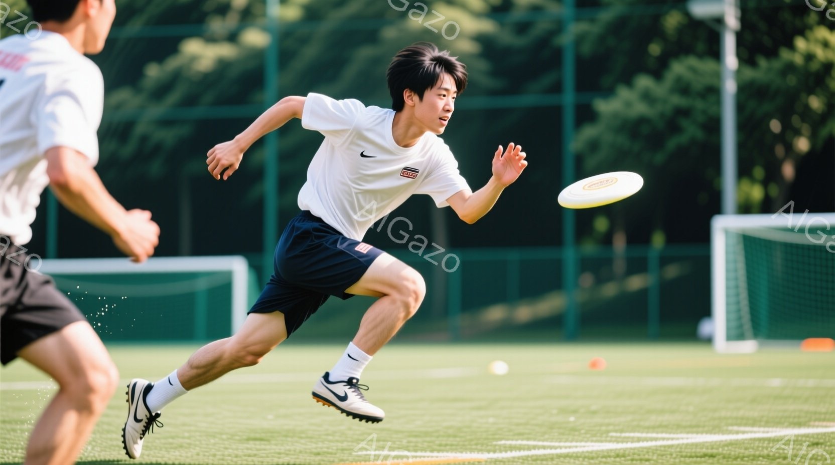 短い黒髪の男性が、緑の芝生の上を走っている。白いシャツに紺色の短パン、そして黒いスパイクシューズを履いており、片手にフリスビーを持っている。背景には、緑のフェンスと一部の建物が見え、晴れた日の屋外での - AI生成フリー素材