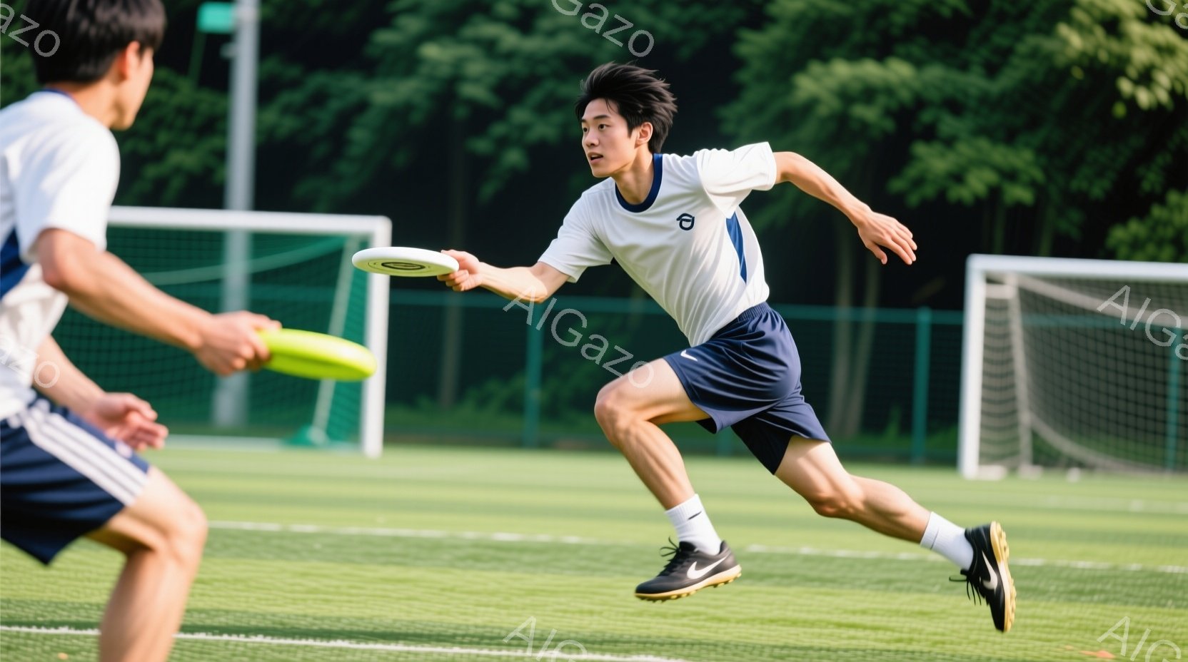 若い男性がフライングディスクを投げようとしている瞬間を捉えた写真です。白いシャツと紺色の短パン姿で、短髪をきりそろえ、集中した表情でディスクを見つめています。背景には緑の芝生とサッカーゴールが見え、晴 - AI生成フリー素材