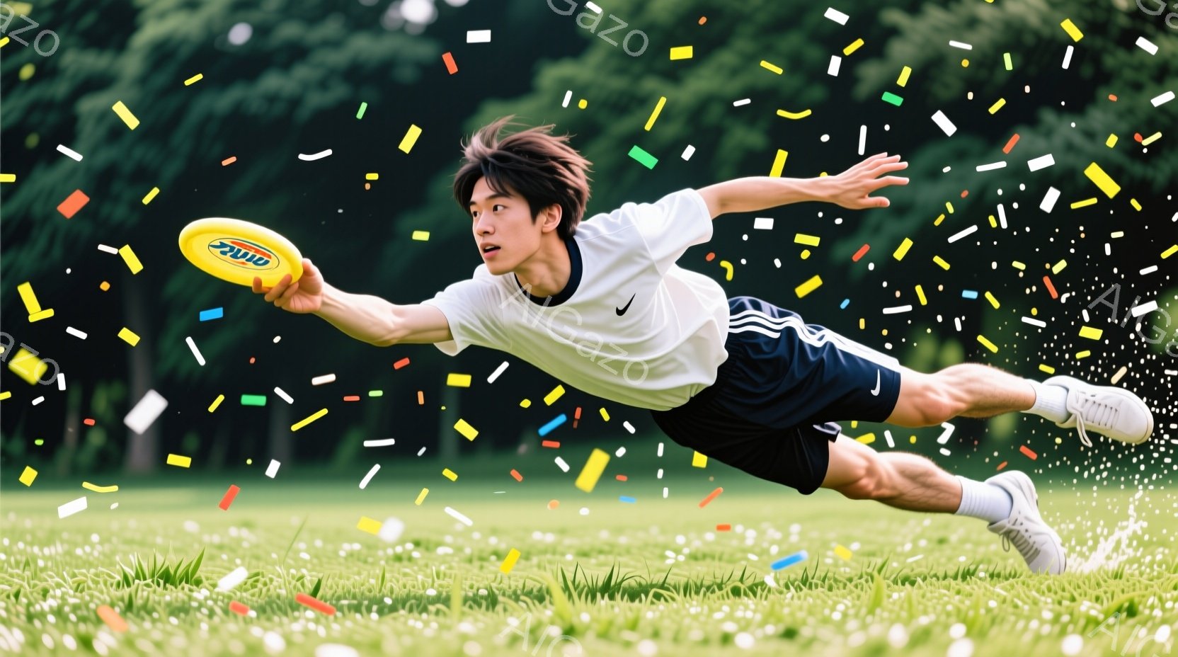 若い男性が緑の芝生の上をダイブするように走っている様子が写っている。彼は白いTシャツに黒いショーツ、スニーカーを履いており、黒髪を少し乱したヘアスタイルをしている。背景には緑豊かな自然が広がり、晴天の下、活気に満ちた雰囲気である。