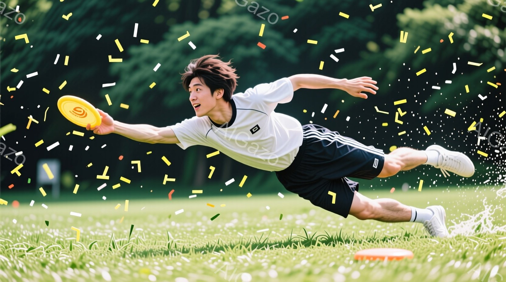 若い男性が緑の芝生の上でフリスビーをキャッチしようとダイビングしている写真です。彼は白いストライプの入った半袖シャツと黒いショートパンツ、白いスニーカーを着用し、髪は少し乱れていますが、真剣な表情でフ - AI生成フリー素材