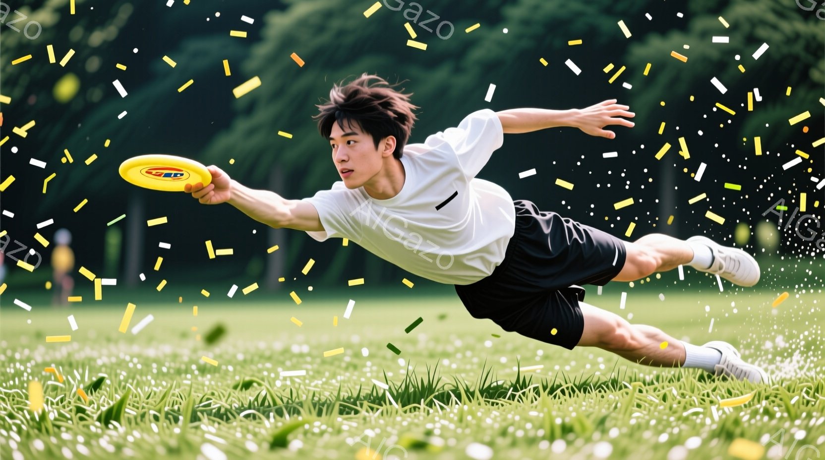 若い男性が緑の芝生の上でフリスビーをキャッチしようと飛び込んでいる様子が写っている。彼は白いTシャツ、黒いショーツ、白い靴下、スニーカーを着用しており、短く整った黒髪が特徴的だ。背景には緑豊かな木々が - AI生成フリー素材