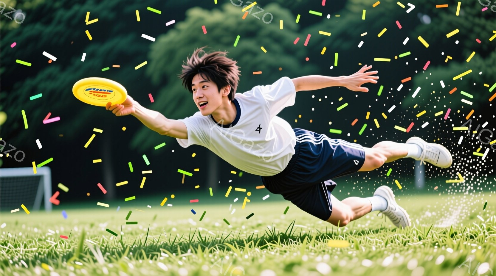 若い男性が緑の芝生の上でフリスビーを投げているところです。白いTシャツに黒いショーツ姿で、髪は無造作に跳ねており、顔には真剣な表情が見られます。背景には緑豊かな自然が広がり、フリスビーを投げている様子 - AI生成フリー素材