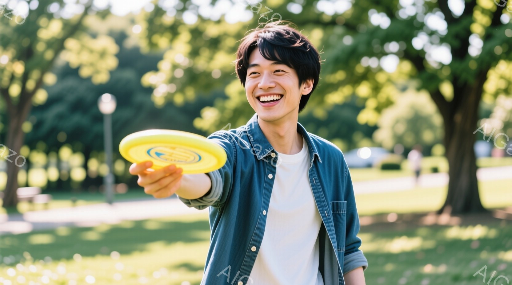 若い男性が公園でフリスビーを投げようとしており、笑顔を浮かべている。彼は白いTシャツにデニムシャツを羽織り、短めの黒髪に整えられている。背景には緑豊かな木々と芝生、そしてぼんやりと見える遊歩道があり、 - AI生成フリー素材