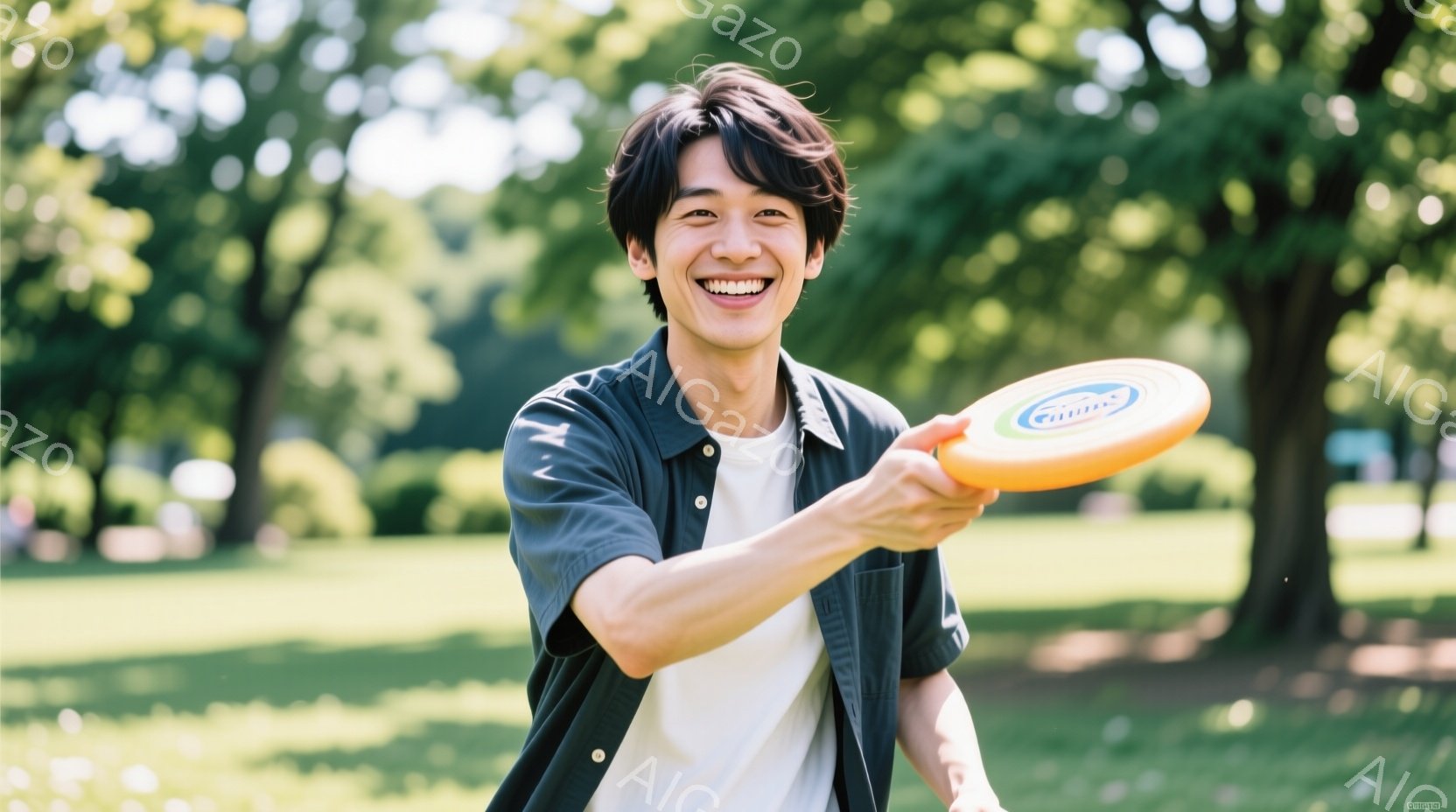 紺色のシャツを羽織った若い男性が、明るい笑顔でフリスビーを投げようとしています。彼の髪は黒く、少し無造作にセットされており、カジュアルな印象を与えています。背景には緑豊かな木々が生い茂り、晴天の下でリラックスした雰囲気が漂っています。