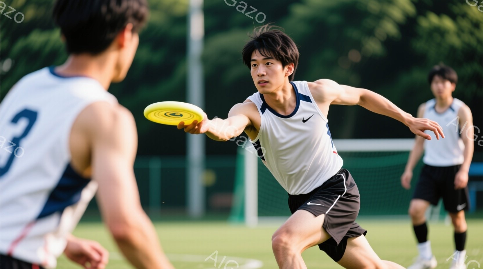鮮やかな緑の芝生の上で、若い男性がフリスビーを投げている様子が捉えられています。彼は白のタンクトップと黒の短パンを着用し、髪は短く整えられています。背景にはネットと他の選手がおり、晴れた日の屋外でのスポーツシーンを表現しています。