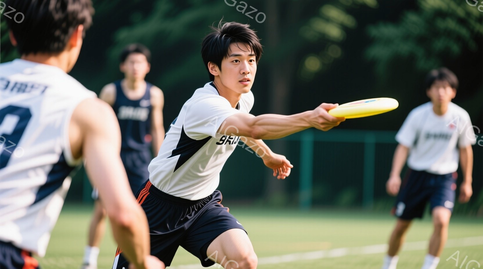 白いTシャツと黒いショーツを着た若い男性が、フリスビーを投げている最中である。彼の髪型は短く、表情は真剣で、スポーツに集中している様子が伺える。背景には緑豊かな芝生と木々が見え、晴れた日の屋外での活気 - AI生成フリー素材