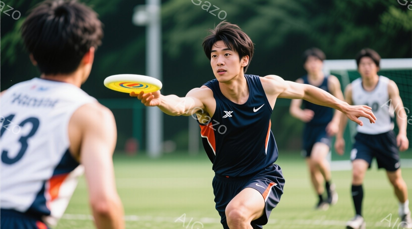 紺色のユニフォームを着た若い男性が、フリスビーを投げている様子が写っている。彼は前髪を少し垂らした黒髪で、真剣な表情で腕を伸ばし、フリスビーに集中している。背景には緑豊かな芝生と木々が見え、晴天の下、 - AI生成フリー素材