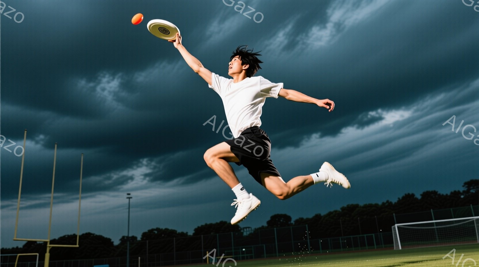 空中でディスクをキャッチしようとしている若い男性が写っています。彼は白いTシャツ、黒いショーツ、白いスニーカーを着用し、黒髪を無造作にしています。背景には、緑の芝生、サッカーゴール、そして暗い雲空が広 - AI生成フリー素材